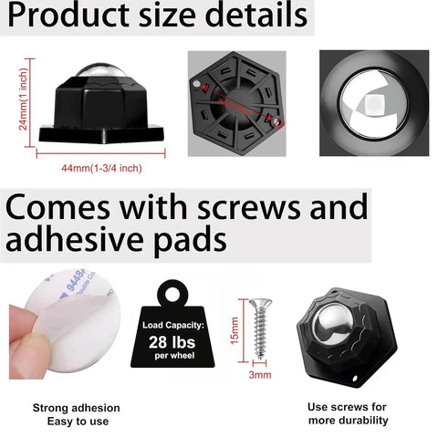 Size details of Eight Pack Heavy Duty Self Adhesive Swivel Caster Wheels For Furniture Storage Bins Cabinets And Appliances 1 Inch.