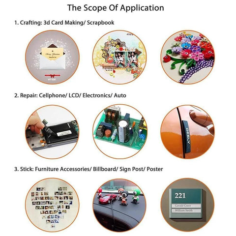 Application uses for Clear Double Sided Adhesive Tape 5mm and 10mm in crafting, repair, and sticking for electronics and decor.