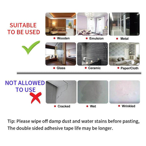 Image showing suitable surfaces for Clear Double Sided Adhesive Tape 5mm and 10mm by 25M, including wood, metal, glass, and ceramics.
