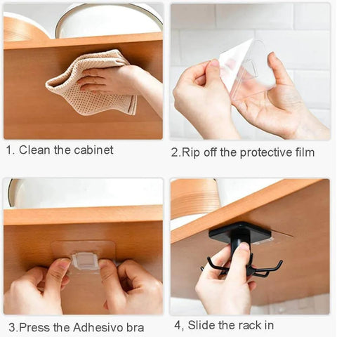 Steps to install 2pcs Under Cabinet Kitchen Utensil Rack,360° Rotating Under Shelf Kitchen Utility Hooks, showing adhesive application.