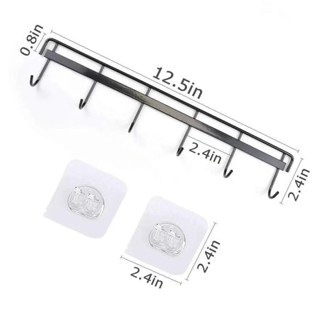 Adhesive Wall Hooks Rack Kitchen Rail with dimensions, 6 hooks, and two adhesive pads; No Drilling Wall Mounted Accessory Hanger in black