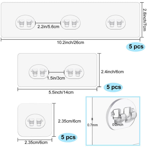 Wall mount dimensions for adhesive hooks with various sizes in inches and centimeters, showing four sets of dimensions with quantities.