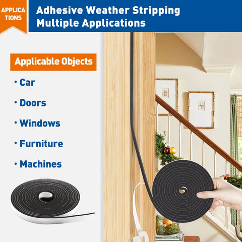 Magzo weather stripping door seal foam tape, black 1/2 in x 1/8 in, adhesive, 3 rolls totaling 50 ft for doors/windows