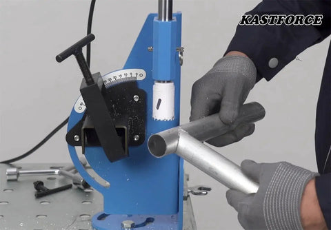 2 Inch Hole Saw Pipe Tube Notcher With Adjustable Tilt From 0 To 60 Degrees being used on metal tubing
