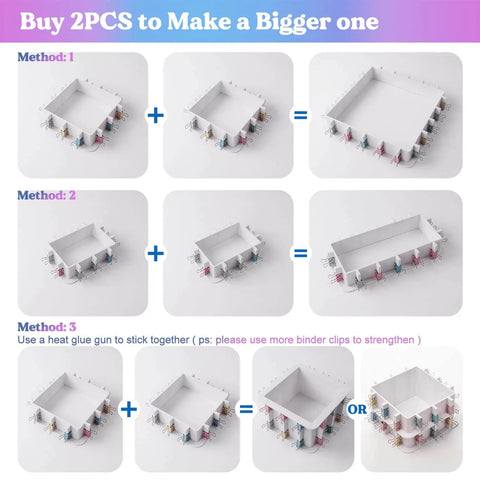 Diagram showing methods to combine parts of the Adjustable Pro Grade Mold Housing for Silicone Molds Making Not for Direct Resin Use DIY Mold Frame Kit