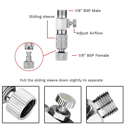 Airbrush Hose With Adapter Kit 6ft Braided Hose Quick Release Couplers Brass Adapters 1/8 Inch And 1/4 Inch Teflon Seal Tape 12-Piece Universal Connection Set showing quick-release couplers and airflow adjustment.