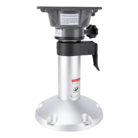 Front view of Eminchu aluminum adjustable-height boat seat pedestal with round silver base and black locking lever