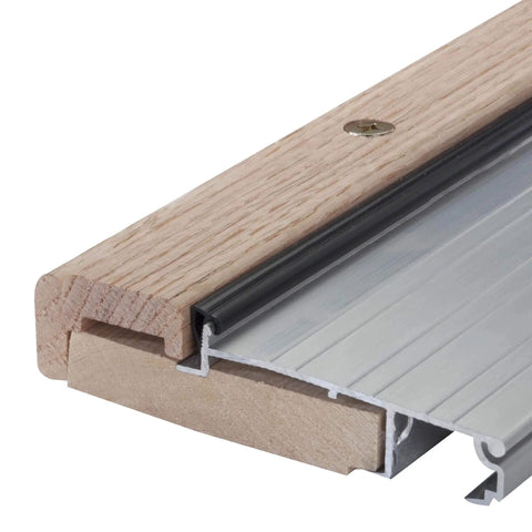 Close-up of 4-9/16 in. x 1-1/8 in. x 36 in. Silver Adjustable Aluminum & Hardwood Threshold Kit, showing aluminum body and oak cap.