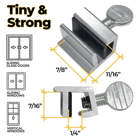 10 Pack Adjustable Aluminum Window Locks For Vertical And Horizontal Windows No Drill Install Secure Sliding Track Lock shown with dimensions