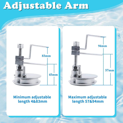 Adjustable arm mechanism with dimensions 83mm/94mm length, 45mm/57mm height, showing minimum and maximum adjustments.