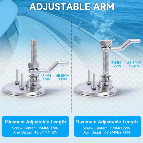 Adjustable marine stainless steel arm showing minimum and maximum length adjustments with measurements in mm and inches.