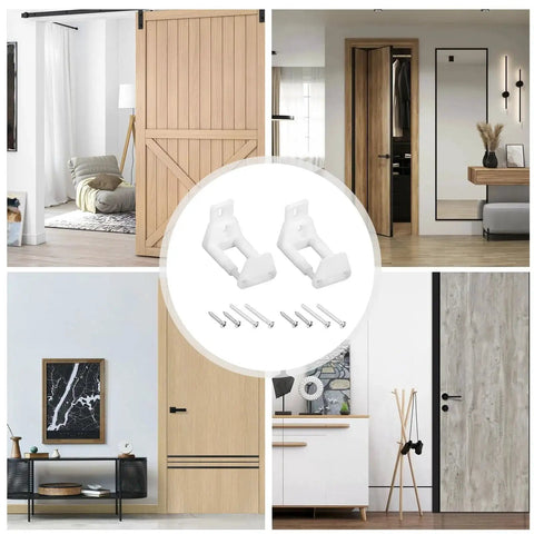 Sliding Door Guide Set With Adjustable Barn Door Hardware Floor And Wall Mount POM Plastic Includes Two Packs And Eight Screws in various interior settings.