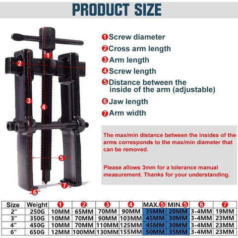 Diagram of 4 Bearing Puller 2'' 3'' 4'' 6'' with 2 Jaws Bearing Puller Tool Adjustable, showing screw and arm dimensions, Chrome Vanadium Steel