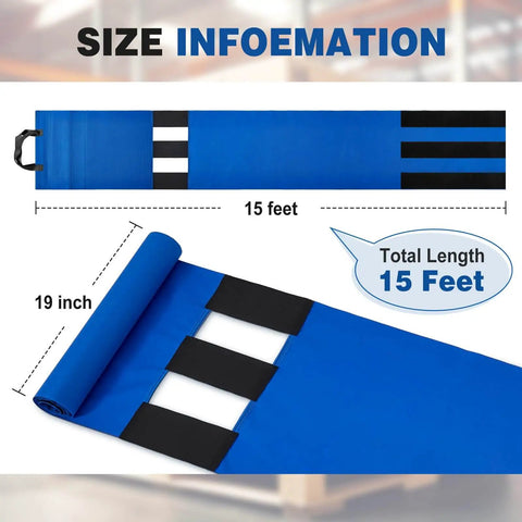 Adjustable Cargo Pallet Straps Bundle For Shipping And Storage Reusable Pallet Wrap Ties 19.3 Inch Wide By 15 Foot Long Bright Blue Oxford Fabric Easy To Use Alternative To Stretch Film shown unrolled