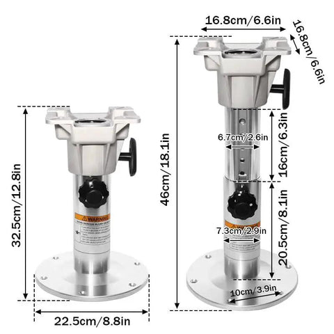 Front and side views of the KMLai metal adjustable boat seat pedestal with locking knob and round base