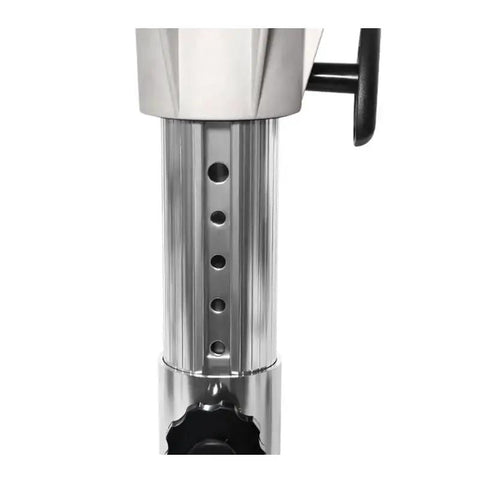 KMLai adjustable boat seat pedestal, stainless steel, close-up view showing height adjustment holes and locking knob