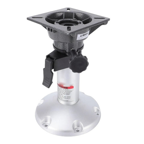 Aluminum adjustable-height boat seat pedestal (13–18 in) with locking knob and 360° rotation; round base.