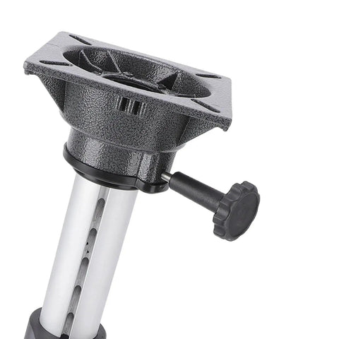 Close-up of boat seat pedestal mount head with locking knob, black mounting plate, and silver adjustable tube