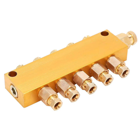 Adjustable Oil Distributor Brass Lube Piston Separator Manifold Block For Centralized Lubrication System On Milling Machines And CNC Lathes, 1 In 5 Out Easy Flow And Distribution, side view