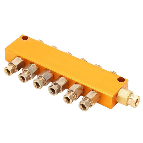 Adjustable Brass Oil Distributor Valve For Lubrication Systems With Piston Separator Valve, side view showing outlets