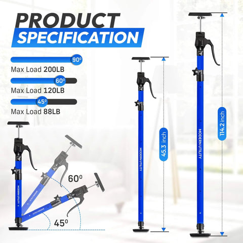 Product specification of adjustable cabinet jacks for installing cabinets (45.3-114.2 inches 2 pack) heavy duty 200 lb metal.