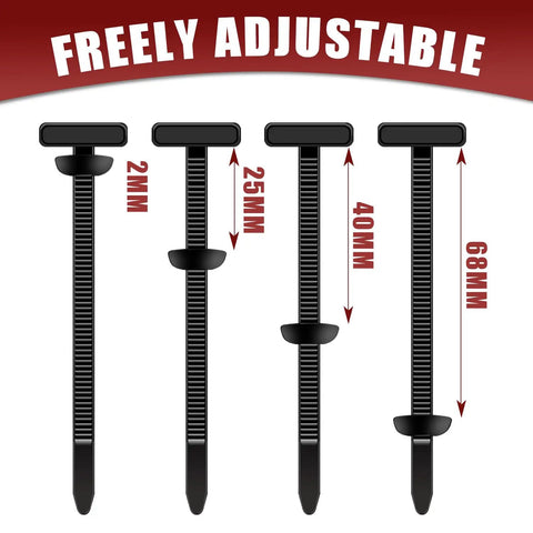 Freely adjustable view of nylon cable ties from 2mm to 68mm in a 200 Pack Nylon Universal Cable Ties and Push Pin Rivet Fasteners for Car Repair