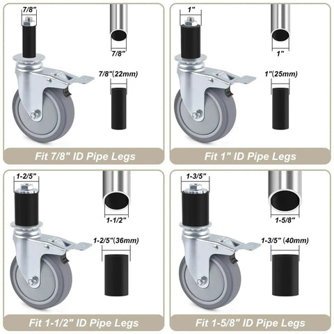 Four Inch Universal Adjustable Caster Wheels Set With Brakes For Tube Legs From 7/8 Inch To 1-5/8 Inch Fits Stainless Steel Tables Carts