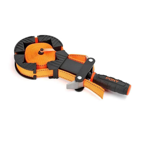 Adjustable Clamp Pony 1225 Rapid Acting Band Clamp With Non Marring 1x1 Inch Jaws For Irregular Shapes, visible in orange and black