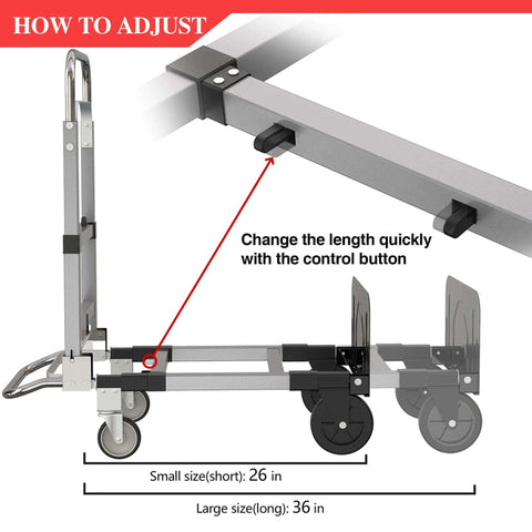Guide to adjust 3 in 1 Convertible Hand Truck Dolly Cart with Wheels Collapsible/Folding, showing handle position and adjustment button.