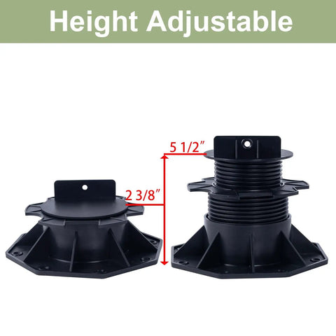 10 Pack Adjustable Plastic Pedestal Pavers For Deck Leveling And Floor Support, Slate Floor Lift Bases, showing height adjustment from 2 3/8 in to 5 1/2 in