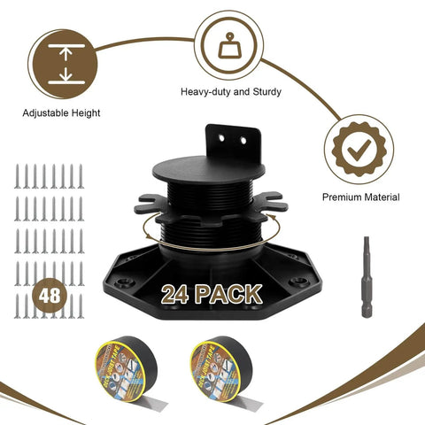 Adjustable Deck Support Pedestal Kit With 24 Pack Foundation Blocks For Decks Joists And Flooring Height Adjustable From One And Three Sixteenths Inches To Two And Three Eighths Inches Includes 48 Screws Tape And Screwdriver