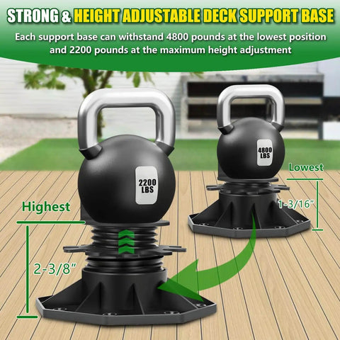 12 Pack Adjustable Deck Support Pedestals For Floating Decks Foundation Bases For Deck Floors Height Adjustable From One And One Sixteenth Inches To Two And Three Eighths Inches Black, showing two bases with weights depicting load capacity.