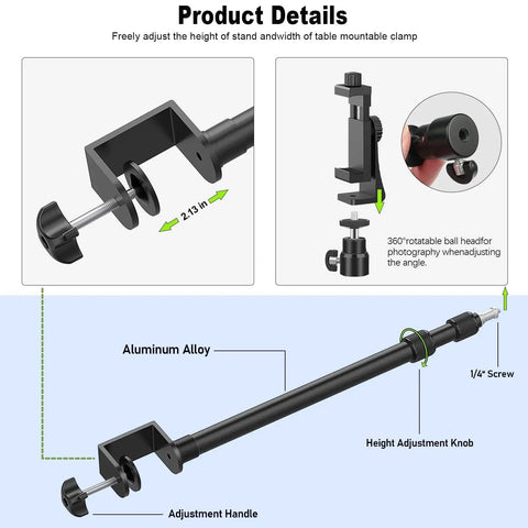 Detail view of Two Pack Desk Mount with 1/4 and 3/8 inch screws and ball head, featuring adjustable aluminum alloy stand and clamp.