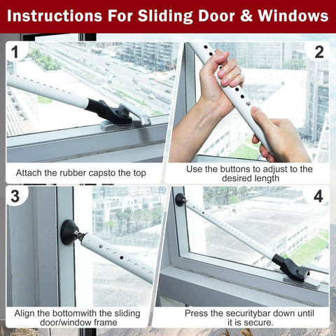Instructions for installing the Three Pack Adjustable Sliding Door Lock Bar With Removable Y Head And Non Slip Base For Home, Apartment And Travel Use, Length Adjustable Pin For Precise Fit, Supports Up To 400 Pounds, Two In One Design For Hinged Doors, Sliding Doors, And Windows.