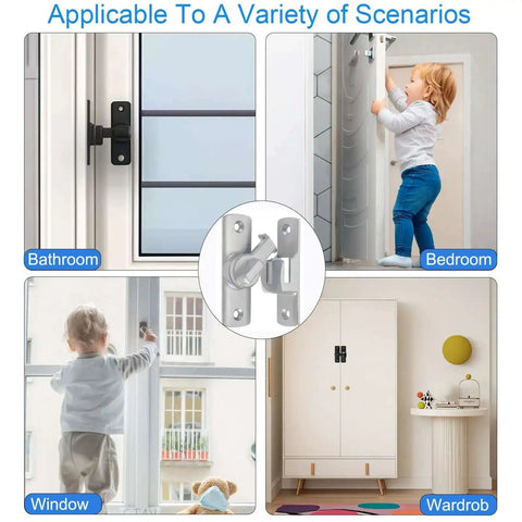 Adjustable 90 And 180 Degree Barn Door Lock Heavy Duty Rust Proof Sliding Door Latch installed in various home scenarios