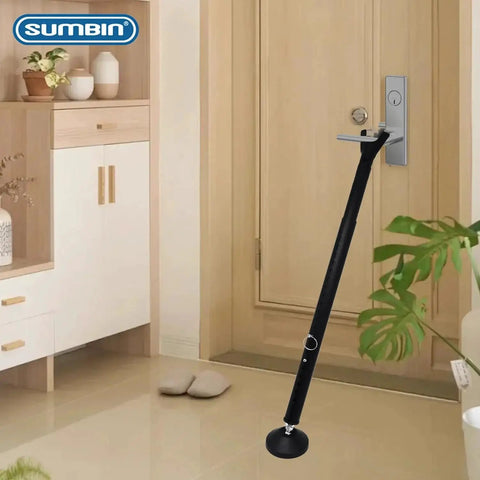 Three Pack Sliding Door Security Bar Set With 17-50 Inch Adjustable Range For Patio And Interior Doors Two In One Door Stopper And Lock Bar Heavy Duty Iron Construction With Rubber Tips Black installed on a wooden door.