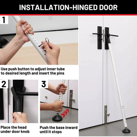 Door Stoppers Security Bar 2 Pack - Heavy Duty Door Jammer - installation process on hinged door with adjustable bar and rubber feet