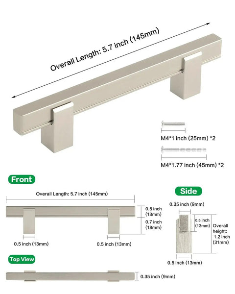 Adjustable Drawer Pulls 5 Pack In Brushed Nickel showing detailed dimensions and design in front, side, and top views.