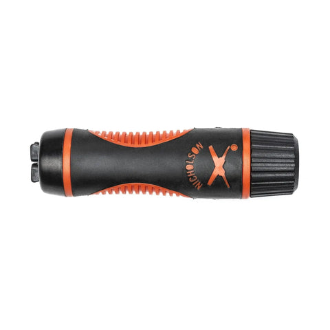 Adjustable universal file handle clamps to tool tang and fits multiple file sizes without inserts, black and orange design