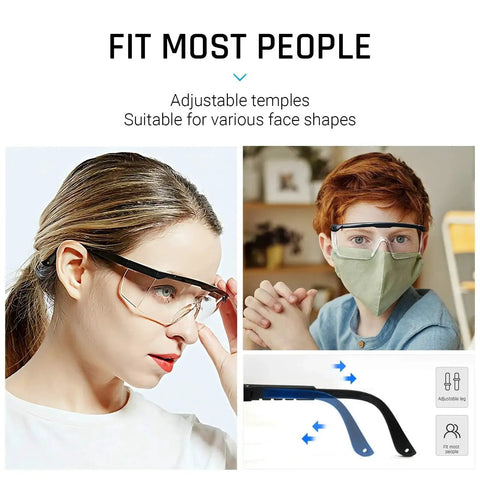 HD Anti Fog Safety Glasses Over Eyeglasses With Adjustable Frame With People Wearing Protective Eyewear