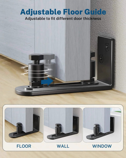 Adjustable floor guide of Sliding Barn Door Hardware Kit - 5 FT Heavy Duty Steel Rail, shown with wall mounting option