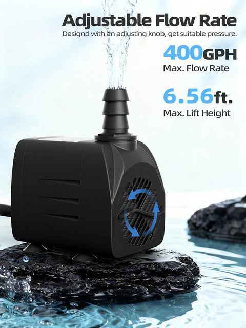 400GPH Submersible Water Pump, adjustable flow rate, black plastic, for ponds, fountains, aquariums