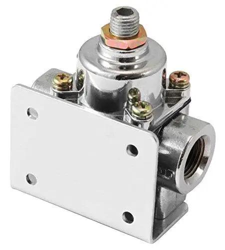 Adjustable Fuel Pressure Regulator for Spectre Performance 2518 with 1 to 4 psi range, 3/8 inch barb fittings, bright plated finish.
