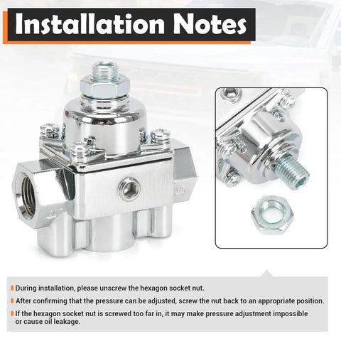 Adjustable Fuel Pressure Regulator With Gauge For Holley And Edelbrock Carburetors, model 12-804, front view with installation notes.