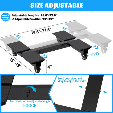 1500 lb adjustable furniture dolly with heavy duty iron frame, expandable length and width, showing adjustable measurements