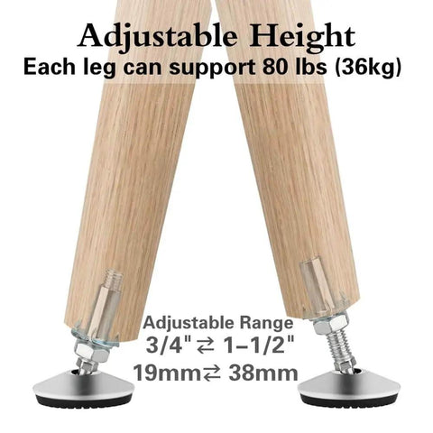 Four heavy duty M10 swivel adjustable leveling feet with T Nut for screw on cabinet, table, and chair legs in use