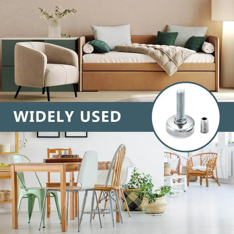 Heavy Duty Adjustable Furniture Levelers 4 Pack By Powertec installed on table and bench in living room setting.