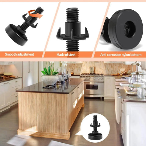 Beefy And Adjustable Furniture Levelers Three Eighths Inch UNC Thread Feet; smooth adjustment, steel, nylon base, kitchen view.