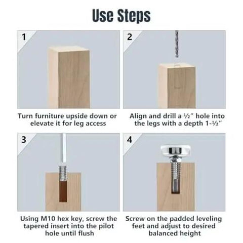 Installation steps for Heavy Duty Adjustable Furniture Levelers 4 Pack By Powertec With Three Eighths Inch By Sixteen Threaded Inserts
