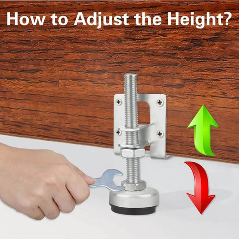 4 Pack Heavy Duty Adjustable Furniture Leveling Feet With Load Levelers For Tables Cabinets Benches And Appliances Height Adjustable From About Three Quarters Of An Inch To About Three And A Half Inches Sturdy L Shape Tray Bracket For Maximum Stability being adjusted with a wrench